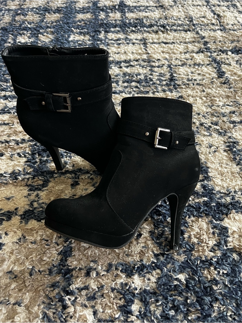Top Moda Black Suede High Heel Ankle Booties with Buckle - Picture 2 of 8